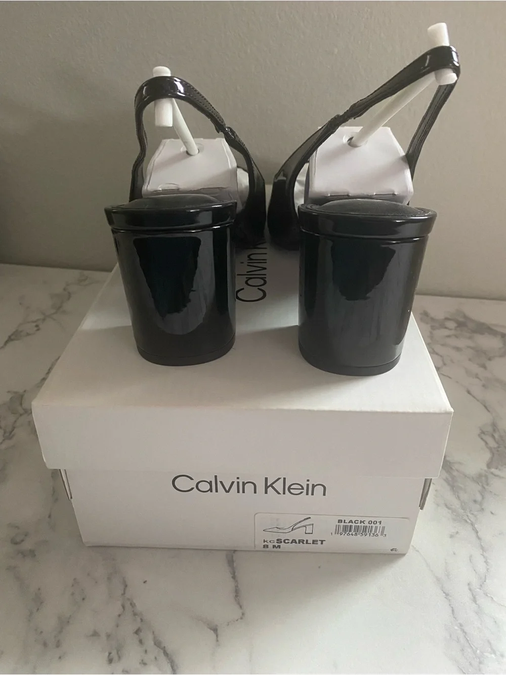 Calvin Klein Glossy Black Patent Slingback Block Heels